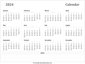 2024 yearly calendar with notes (horizontal)