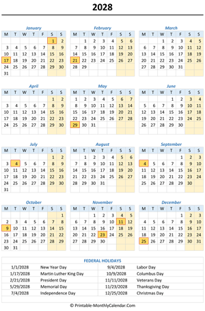 2028 calendar with holidays (vertical)