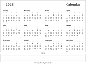 2028 yearly calendar with notes (horizontal)