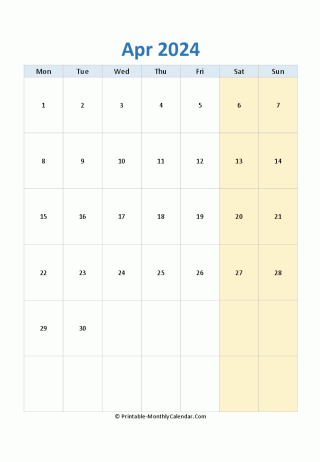 blank calendar april 2024 (vertical layout)
