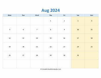 blank calendar august 2024 (horizontal layout)
