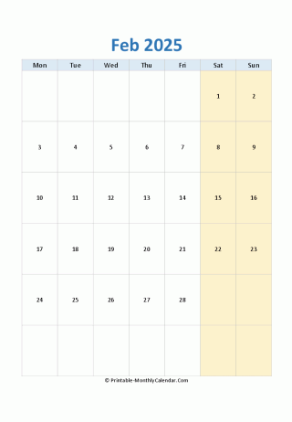 blank calendar february 2025 (vertical layout)