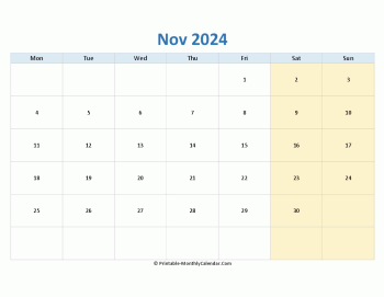 blank calendar november 2024 (horizontal layout)