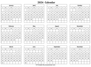 blank yearly calendar 2024 horizontal