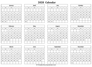 blank 2028 calendar (horizontal)