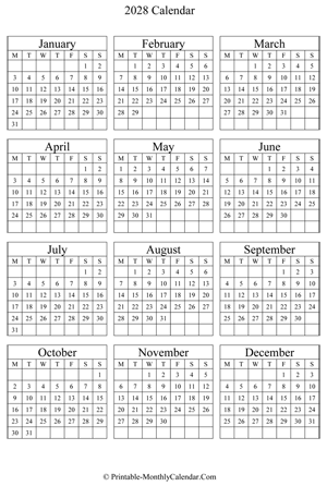 blank 2028 calendar (vertical)