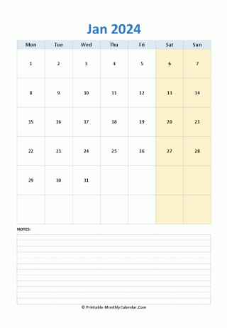 January 2024 Calendar (vertical)