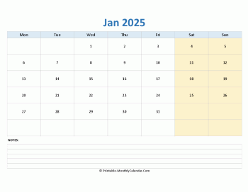 january 2025 editable calendar notes horizontal