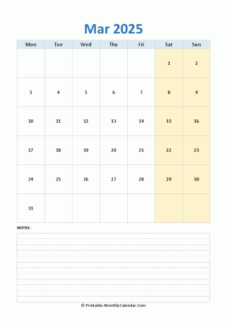 March 2025 Calendar (vertical)