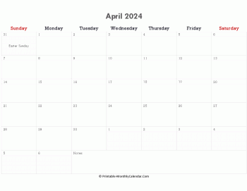 printable april calendar 2024 holidays notes horizontal