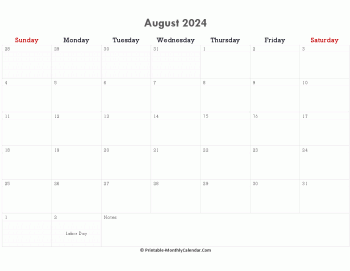 printable august calendar 2024 with holidays and notes (horizontal layout)