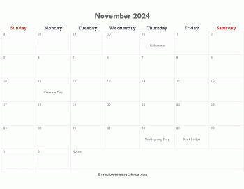 printable november calendar 2024 with holidays and notes (horizontal layout)